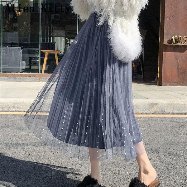 

skirts alien kitty women winter elegant elastic high waist appliques loose pleated fashion casual solid ladies fresh skirt, Black