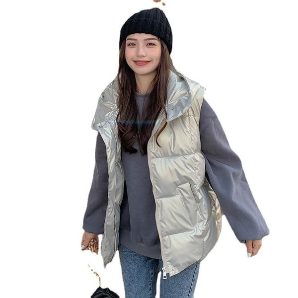 

women's vests fashion casual plus size shiny down cotton vest autumn winter 2021 hooded loose thick sleeveless short waistcoat, Black;white
