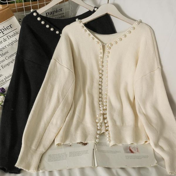 

women's knits & tees zcwxm 2021 autumn women beaded black knit cardigan v-neck long sleeve femme white sweater korean ladies short coat