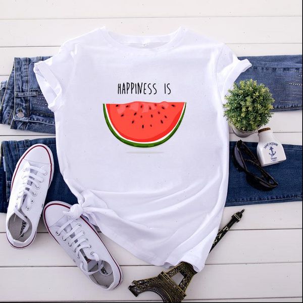 

happiness is watermelon printed t shirt women short sleeve summer lady t shirt womens clothing tee female top, White
