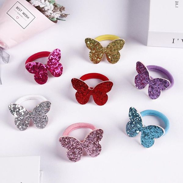 

7pcs kids girl butterfly shape sequins elastic ponytail holder hair ring rope bowknot elastic iron wire hairband floral scrunchi, Slivery;white