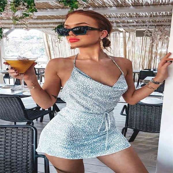 

women mini floral dress ruffles party dress famale beach clothing cowl neck mini dress blue floral, Black;gray