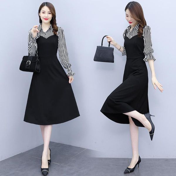 

casual dresses fashion fake two women flare sleeve patchwork plaid female plus size knee length clothes ladies, Black;gray