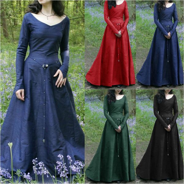 

halloween costume women renaissance dress long sleeve solid color cosplay medieval princess skirt, Black;red