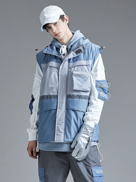 

men zipper pocket patched hooded vest winter coat 4403#, Black;brown