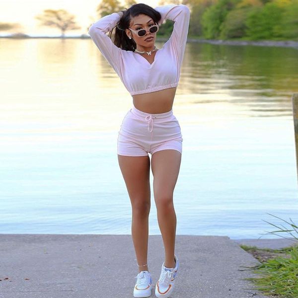 

women's tracksuits two piece bandage short sets sport suit deep v neck long sleeve crop + fashion shorts 2021, Gray
