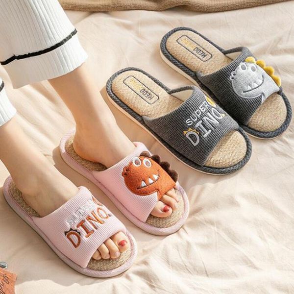 

slippers women casual home shoes cartoon dinosaur soft bottom non-slip four seasons female linen flip flops qq557, Black