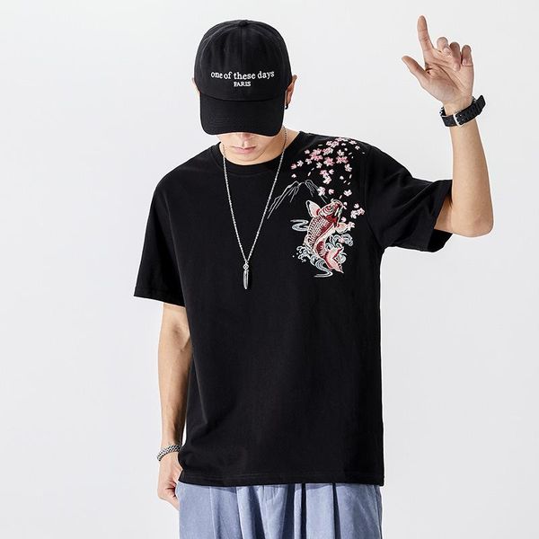

men's t-shirts 2021 summer ethnic style koi embroidery short-sleeved casual loose plus size wild chinese men t-shirt, White;black