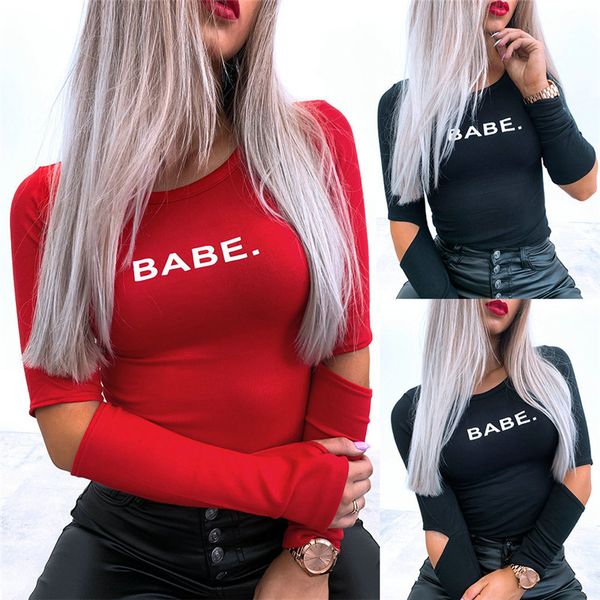 

2021 new women skinny t-shirts casual o-neck hollow out design long sleeve letter print slim pullover ladies streetwear tshirts mo, White