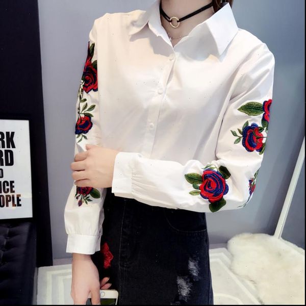 

long sleeve rose floral embroidery white stripe blouse women casual kimono office lady blusas 2019 spring plus size 4xl