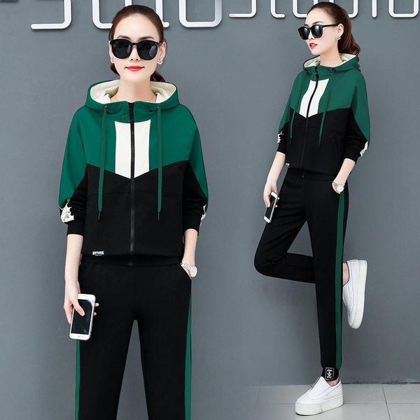 

new contrast color tracksuit for women 2pcs pant set street wear casual zipper hooded sweatshirt pants sport suit 2 piece set, Gray