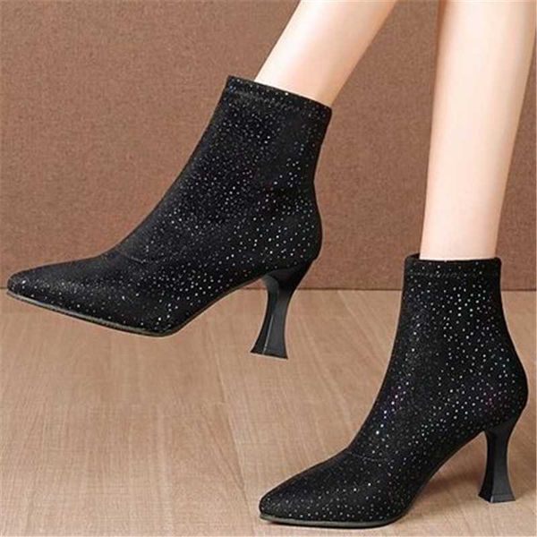 

boots 2021 women pointed high heel booties large fashion female high-heeled sequins young ladies ankle winter, Black