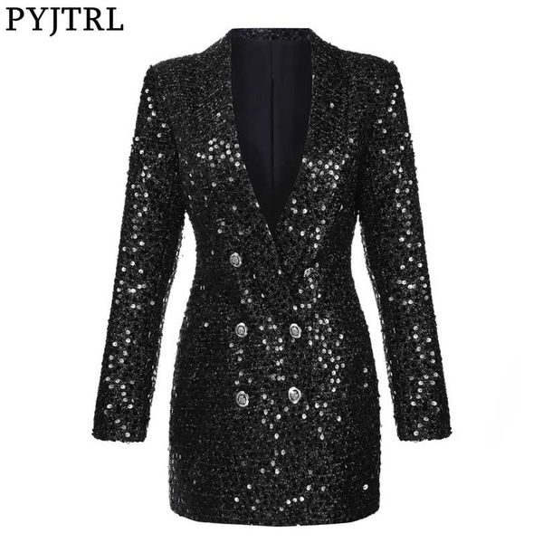 

pyjtrl fashion women shawl lapel shiny sequins suit jacket female double-breasted long coat slim fit blazers autumn clothes 211006, White;black