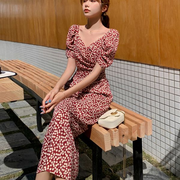 

casual long women dress cherry print short sleeve holiday boho beach summer dress square collar vintage dress vestidos robe 210224, Black;gray