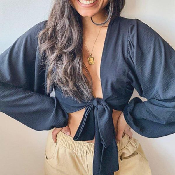 

women's blouses & shirts summer lace up bow blouse deep v-neck solid long sleeve fashion hollow out trendy streetwear female, White