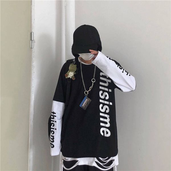 

2021 new hip hop t-shirt dos primavera outono carta impresso splicing tee vero falso duas peas de manga longa homens do punk t camisa 5o, White;black