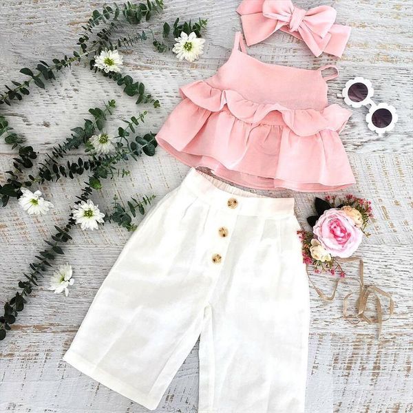 

40 baby girls kids clothing childrens sleeveless sling ruffled color matching pants hairband three piece suit, White