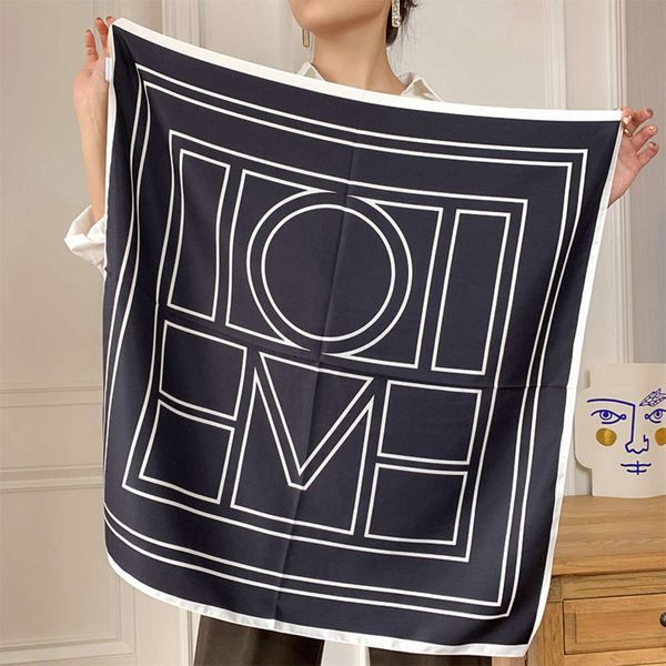

new nordic minority simple style classic black and white geometric printing 70cm simulation silk scarf women, Blue;gray