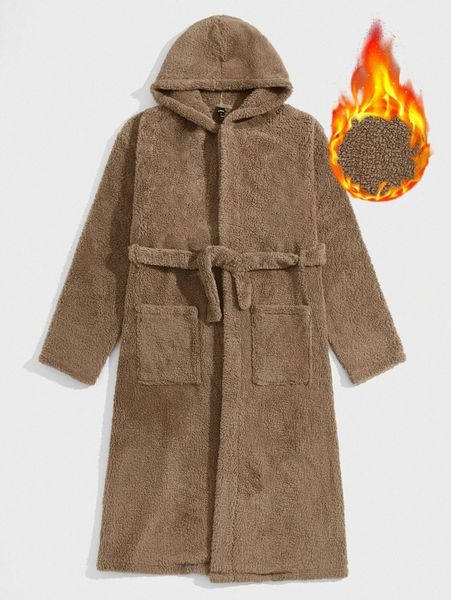 

men belted flannel lounge robe 7056#, Black;brown