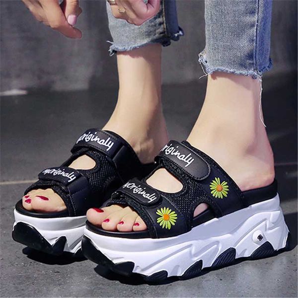 

slippers 2021 summer fashion chunky open toe sandals women 8cm wedge high heel shoes female buckle platform leather beach casual, Black