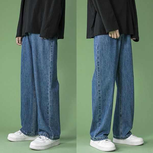 

korean cotton wide-leg jeans men's fashion retro casual biker jeans men streetwear loose hip-hop straight denim trousers mens, Blue