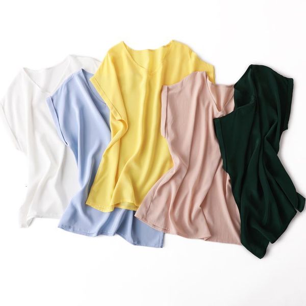 

summer plus size v neck short sleeved v neck solid color 100% natural silk cause shirt womens clothing drop shipping, White