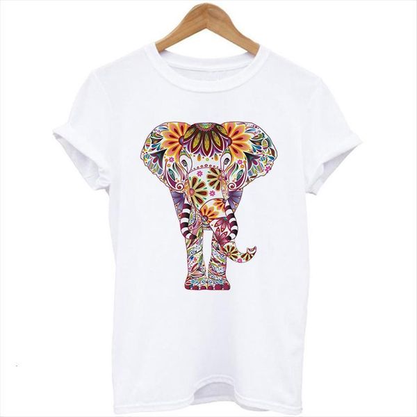 

colorful elephant print casual womens t shirt short sleeve o neck tee for female cartoon cute shirts femme clothings, White