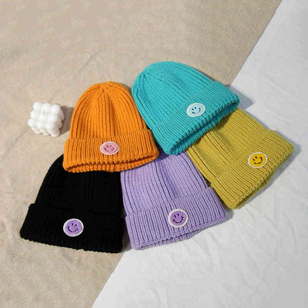 

children's fashion solid color smiling face wool hat autumn and winter street warm knitted men, Blue;gray