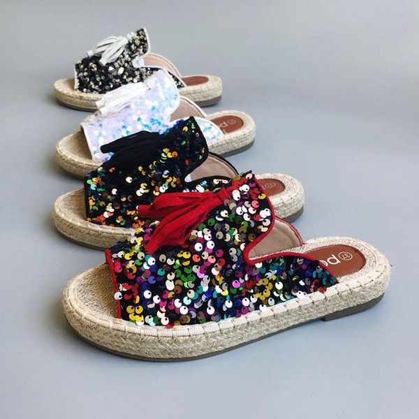

slippers flat shoes women's fashion fisherman's half head sequin, Black