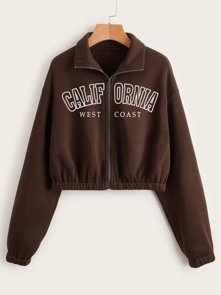 

letter graphic drop shoulder zip up thermal sweatshirt k4t9#, White;black