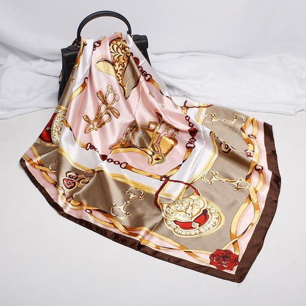 

scarves 2021 90x90 satin chain multipurpose women silk twill scarf square tie hairband ladies foulard femme towel bufanda shawl, Blue;gray