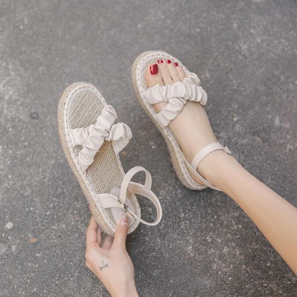 

sandals 2021 summer all-match retro open-toed straw bohemianflat shoes, Black