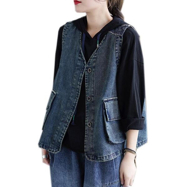 

women's vests women denim vest v neck hooded 100% cotton jacket sleeveless outwear big loose retro vintage street female b08191420, Black;white