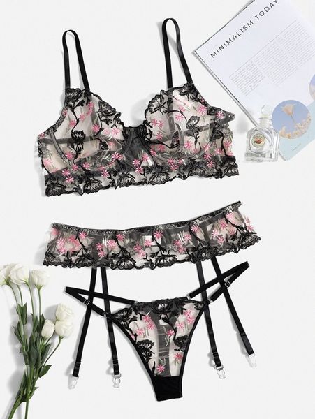 

3pack plus embroidery underwire garter lingerie set n1kb#, Black;white
