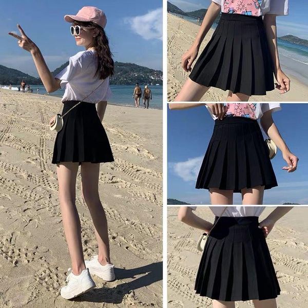 

skirts women girls spring summer high waist pleated short a-style thin skirt college black white navy pink grey mini slim