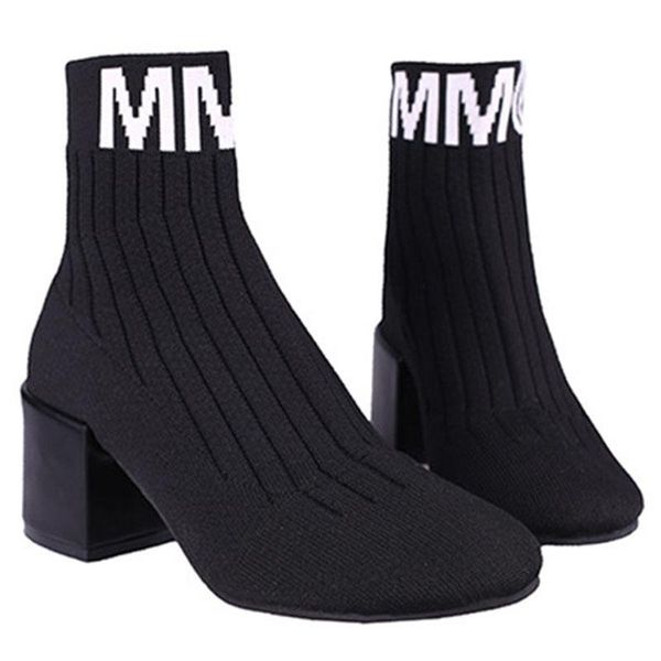 

boots bailehou 2021 autumn winter ladies ankle for women fashion high heel round toe sock female slip on shoes, Black