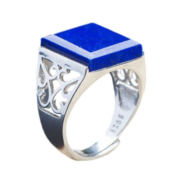 

2021 fashiongenuine square for and wo s925 pure silver inlaid natural lapis lazuli classic men ring, Slivery;golden
