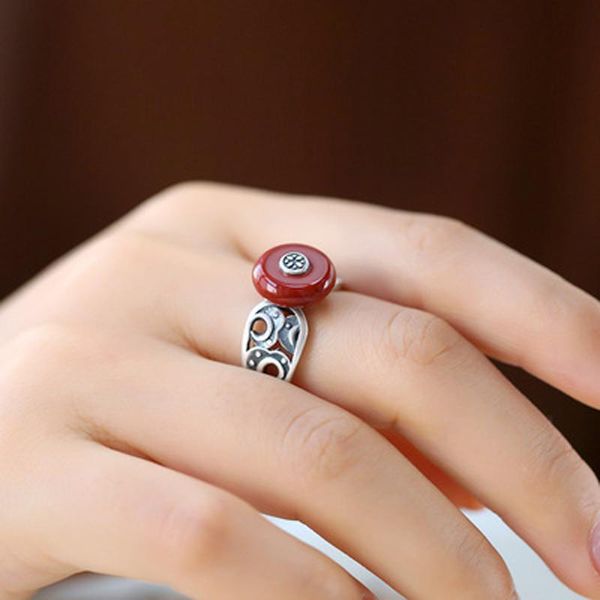 

cluster rings s925 silver inlaid south red agate round button hollowed out carved old craft retro women fashion ring exquisite jewelry, Golden;silver