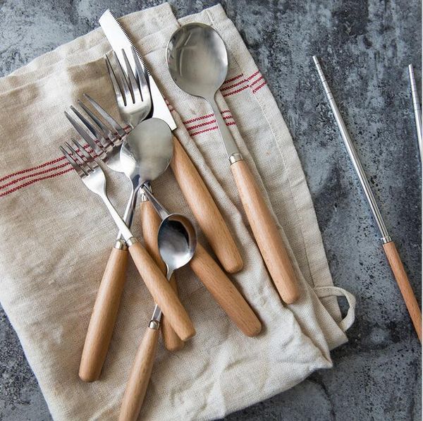 

10pcs japanese wood handle knife/fork /spoon creative stainless steel tableware steak fruit forks round head spoons kitchen gift