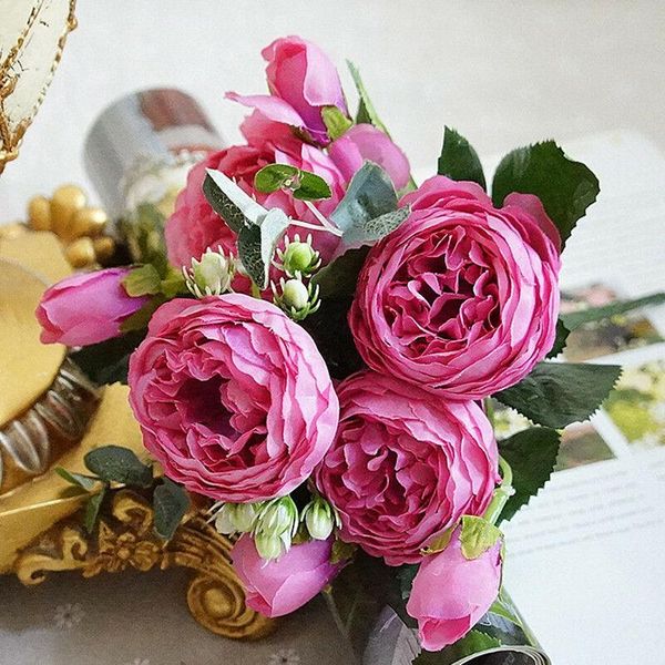 

9 heads silk rose artificial flowers bunch in vase bouquet wedding home party