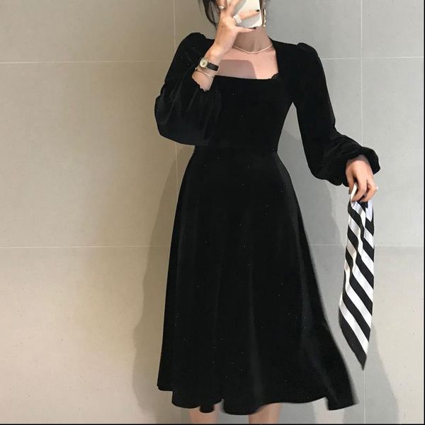 

vintage velour women dress square collar puff long sleeve dresses 2021 spring korean elegant vestidos femme 59336, Black;gray