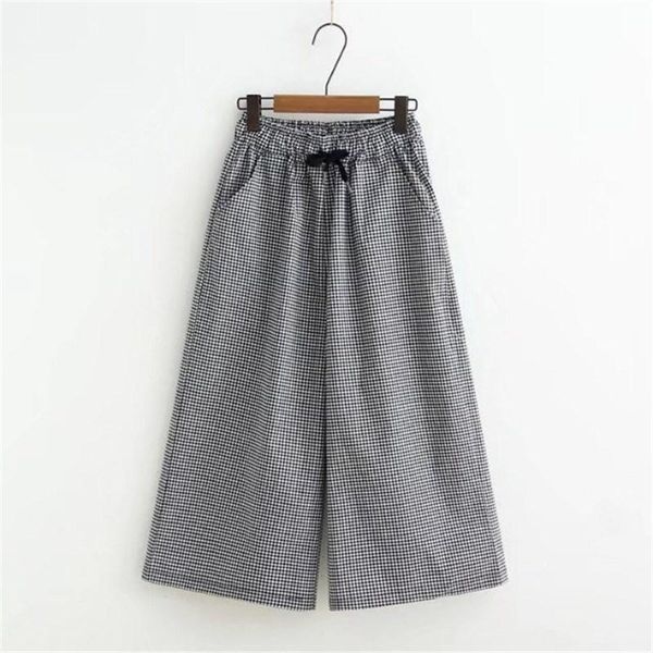 

women's pants & capris 2021 summer women black white plaid harem casual ankle length wide leg high waist cotton linen trouser
