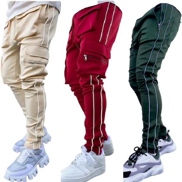 

men's pants men reflective sports multi-pocket cargo male youth tide printing sweatpants, Black