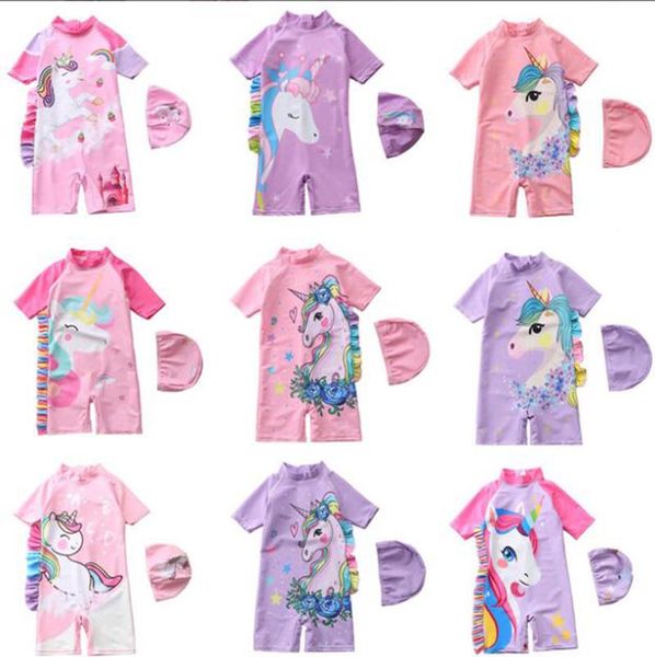 Abbigliamento per bambini per bambini Costume da bagno intero estivo Costume da bagno con stampa unicorno Costumi da bagno da spiaggia con cappello 14 stili