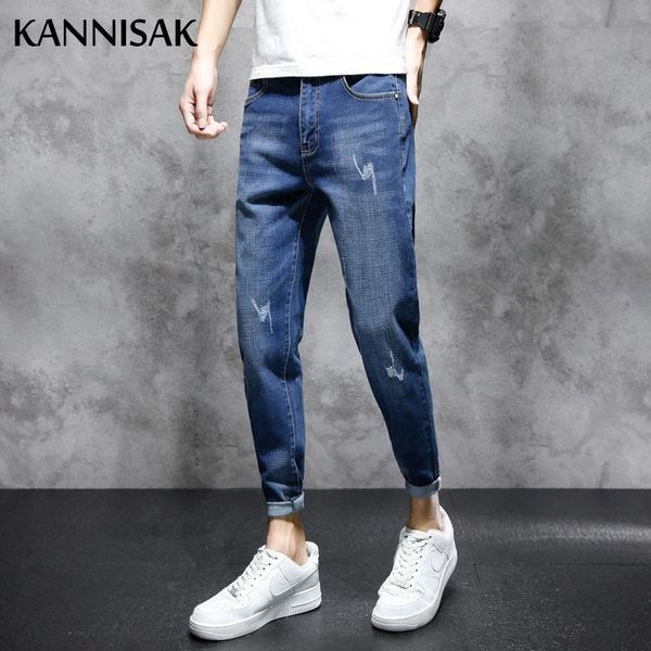 

men's jeans kannisak casual streetwear men 2021 pencil pants ankle length scratched black zipper slim fit denim, Blue