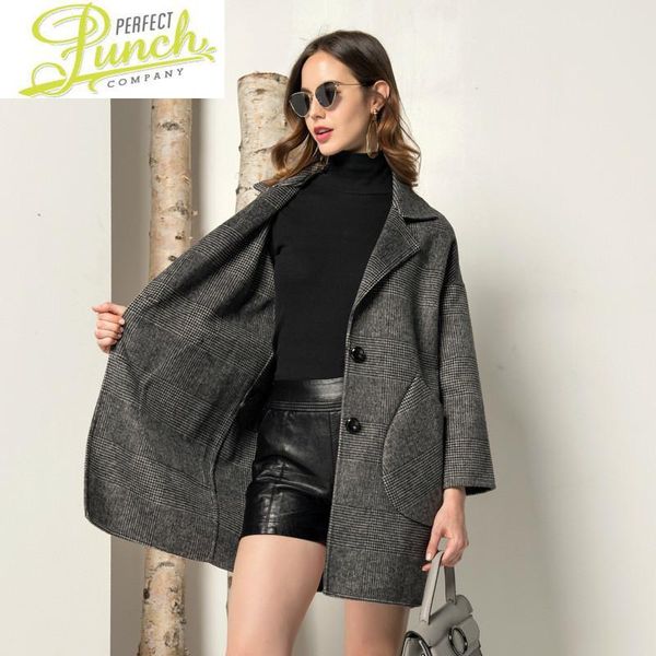 

women's wool & blends women plaid real coat korean houndstooth jacket long elegant ladies coats andjackets abrigo mujer 2021 f107 kj417, Black