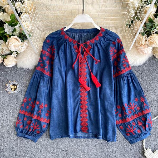 

singrain retro embroidery women blouse autumn fashion chic tassel lace up long sleeve casual loose korean style blouses, White