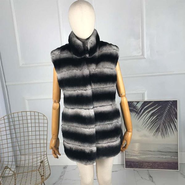 

women's fur & faux down vest women casual fashion rex waistcoat stand collar winter jacket sleeveless coat chinchilla color selli, Black