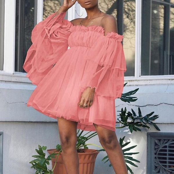 

casual dresses elegant sheer long sleeve mesh party dress off shoulder ruffle loose beach women slash neck ladies mini, Black;gray