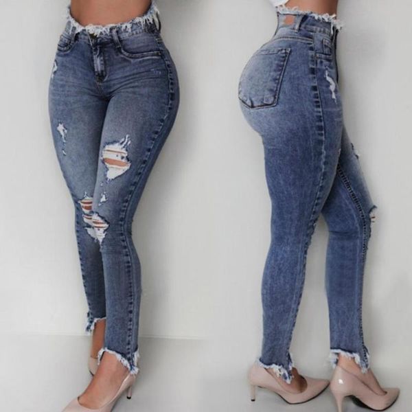 

women's jeans 2021 vintage women fashion casual tight-fitting slim fit female ripped fringe wash ladies trousers, Blue